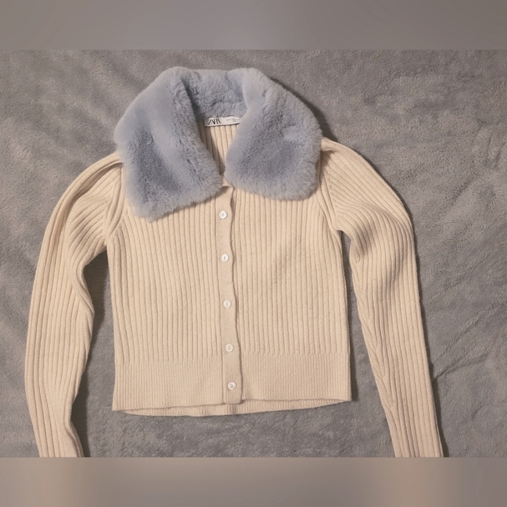 Zara faux fur lapel collar knit cardigan